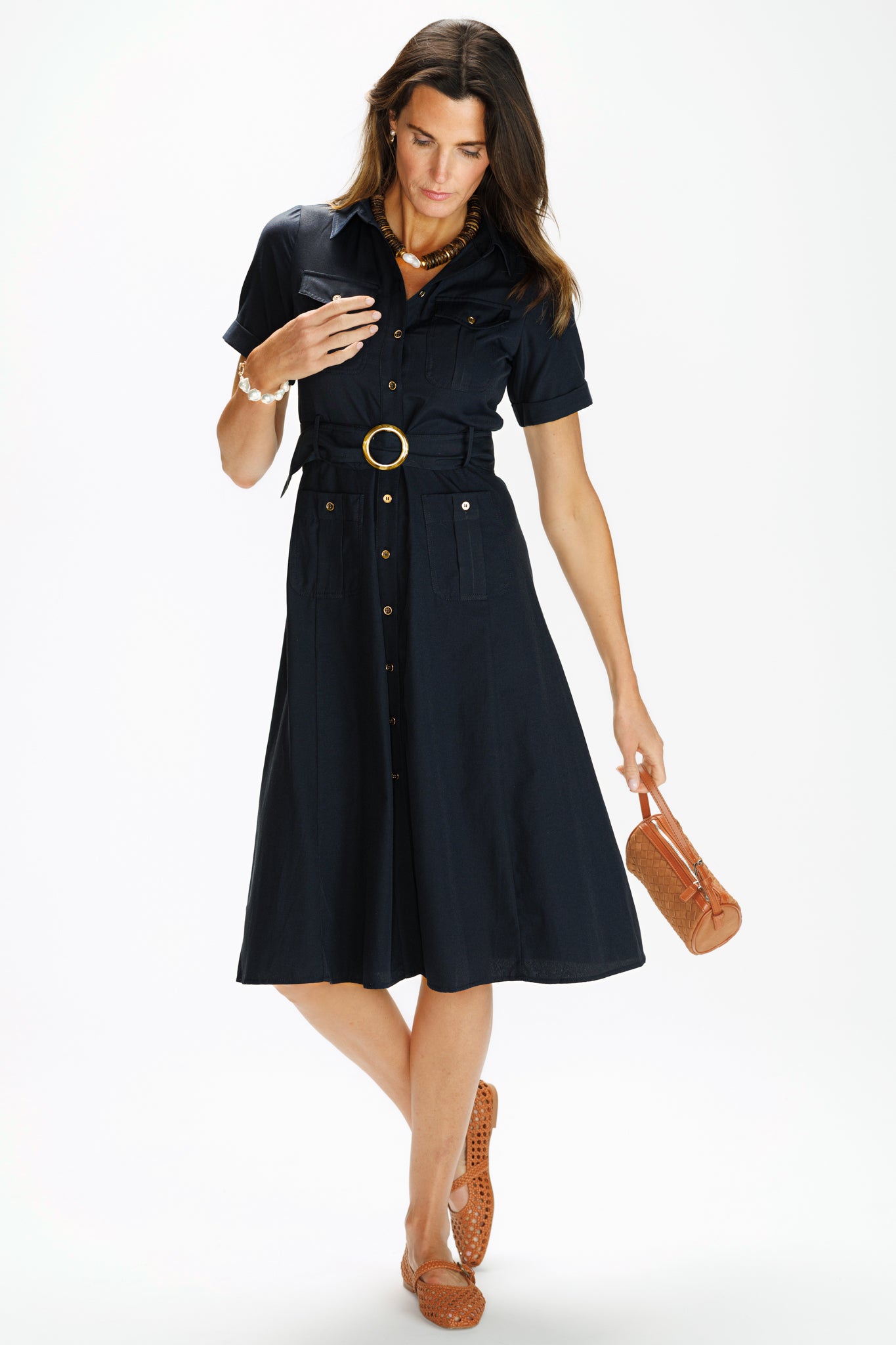 Women's Juna Dress in Navy Silky Oxford