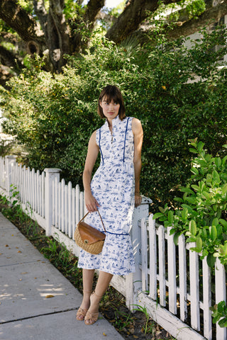 Karina Midi Dress in White with Navy Toile