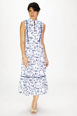 Karina Midi Dress in White with Navy Toile