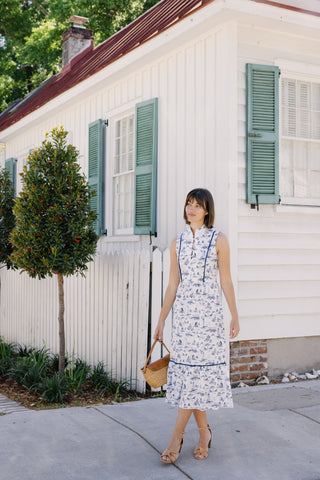 Karina Midi Dress in White with Navy Toile