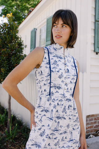Karina Midi Dress in White with Navy Toile