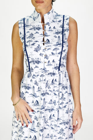 Karina Midi Dress in White with Navy Toile