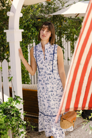 Karina Midi Dress in White with Navy Toile
