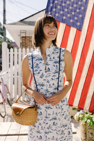 Karina Midi Dress in White with Navy Toile