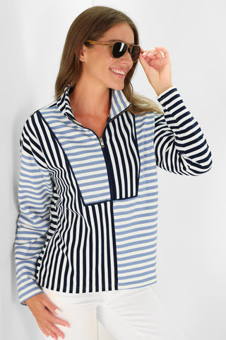 Kathryn Quarter Zip in Navy and Blue Stripe Mix