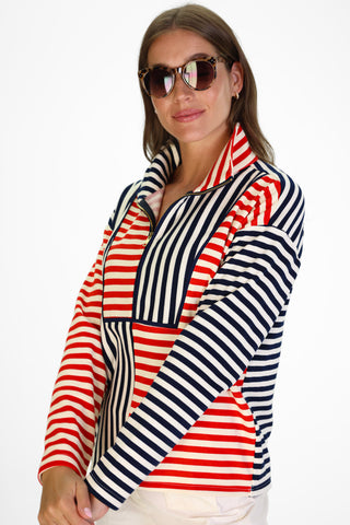 Kathryn Quarter Zip in Red, White & Blue French Terry Stripe