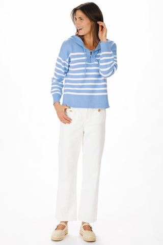 Lace Up Beach Sweater in Light Blue with White Stripes