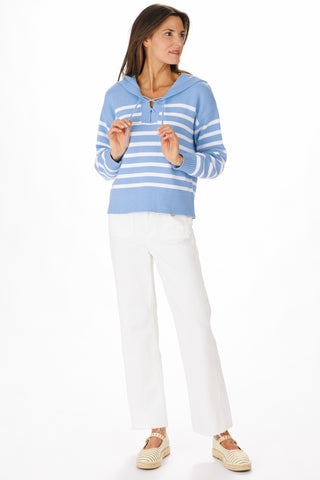 Lace Up Beach Sweater in Light Blue with White Stripes