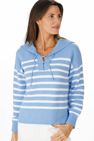 Lace Up Beach Sweater in Light Blue with White Stripes