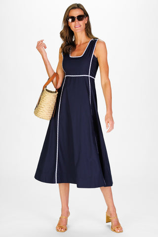 Landon Dress in Navy Silky Oxford