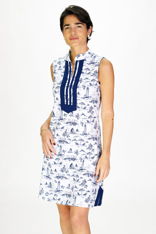 Mackinac Dress in White with Navy Toile