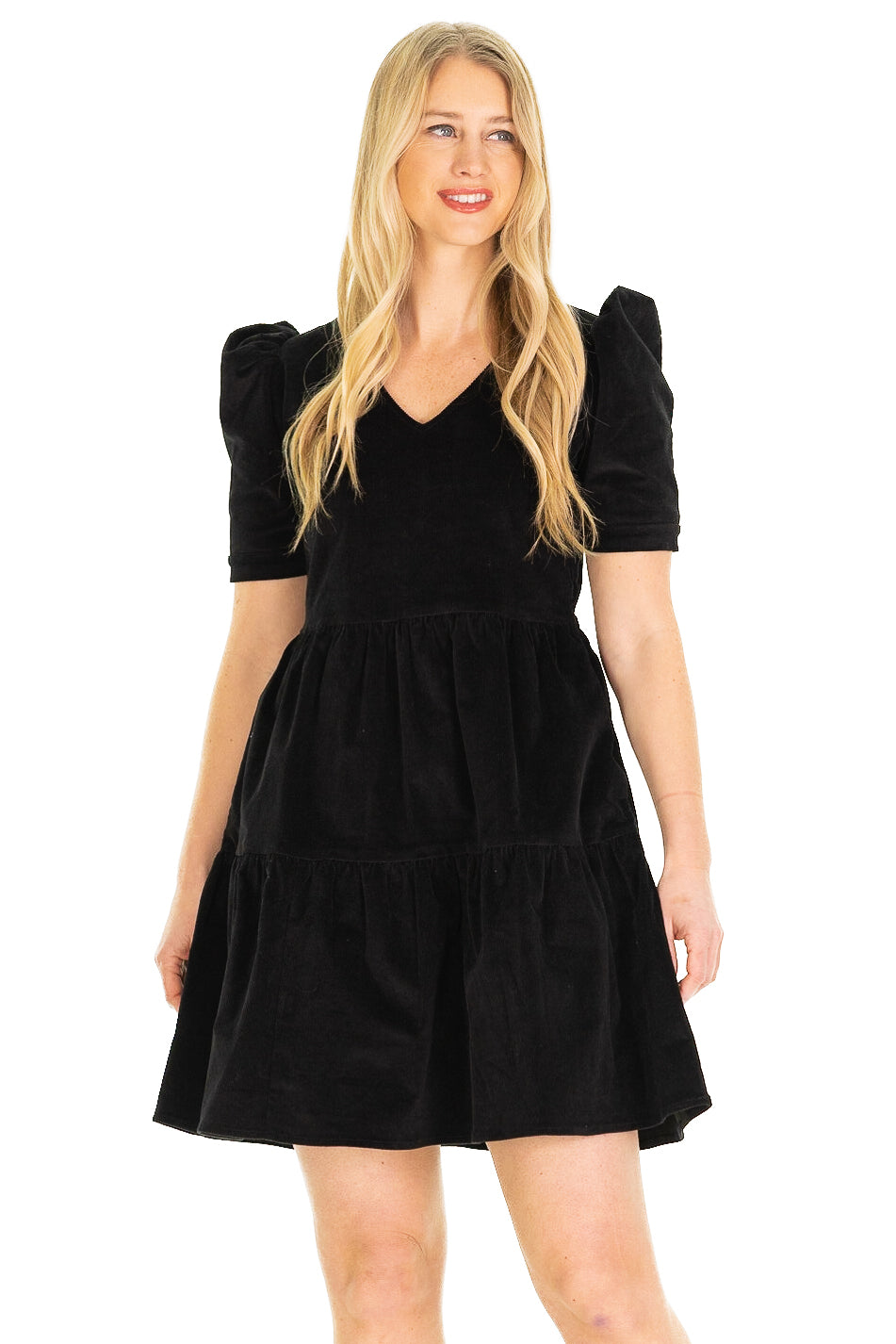 Marcie Tiered Dress in Black Corduroy XS Marcie Tiered Dress in Black Corduroy XS