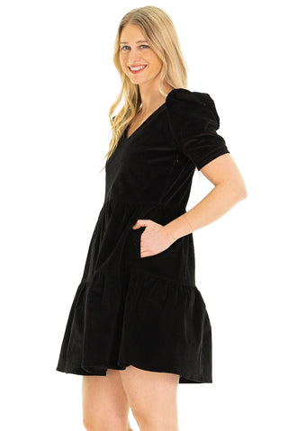 Marcie Tiered Dress in Black Corduroy
