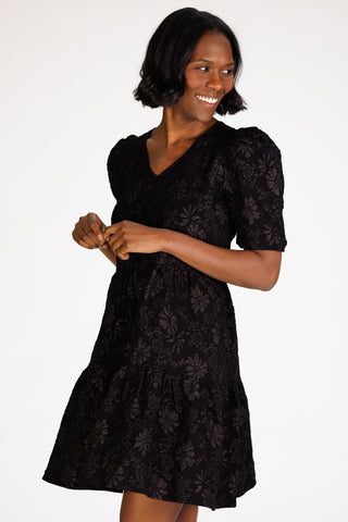 Marcie Tiered Dress in Black Floral Stretch Jacquard