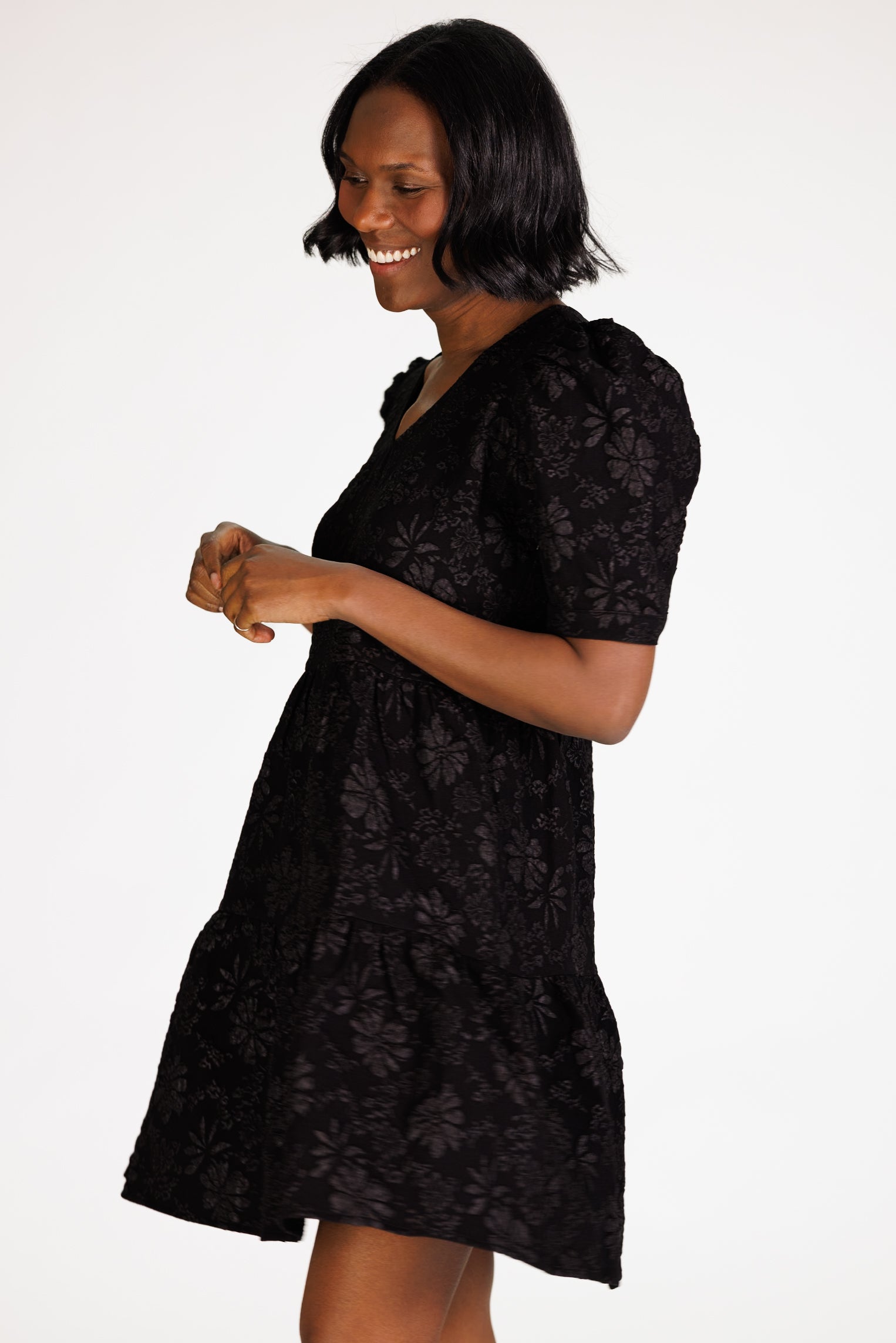 Marci Tiered Dress in Black Floral Stretch Jacquard S Marci Tiered Dress in Black Floral Stretch Jacquard S