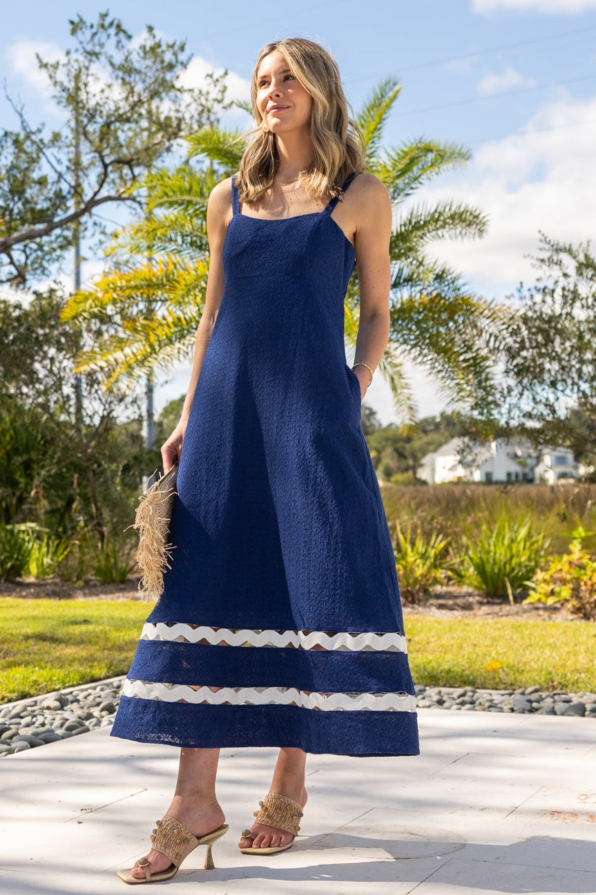 navy blue eyelet dress JANE this dress exudes feminine charm Duffield Lane Marla Dress -