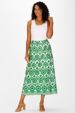 Mira Midi Skirt in Emerald Vine Embroidery