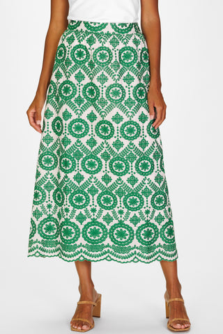 Mira Midi Skirt in Emerald Vine Embroidery