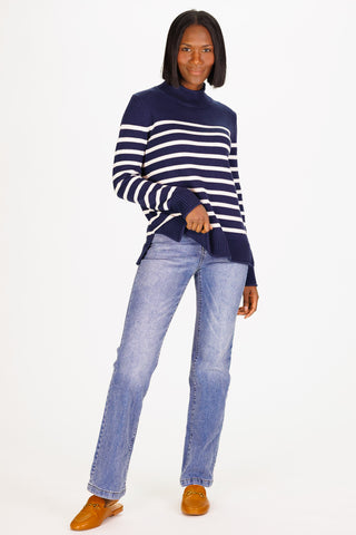 Mock Roll Neck Heirloom Cotton Sweater in Navy & Ivory Stripe