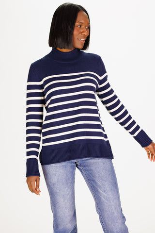 Mock Roll Neck Heirloom Cotton Sweater in Navy & Ivory Stripe