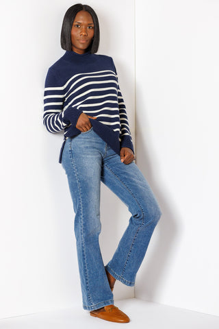 Mock Roll Neck Heirloom Cotton Sweater in Navy & Ivory Stripe