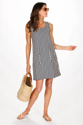 French Terry Nora Beach Dress in Navy & White Stripe