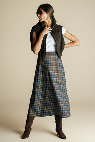 Paloma Skirt in Navy & Brown Brushed Plaid