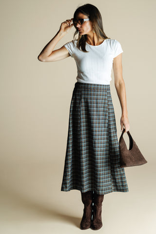 Paloma Skirt in Navy & Brown Brushed Plaid