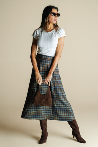 Paloma Skirt in Navy & Brown Brushed Plaid