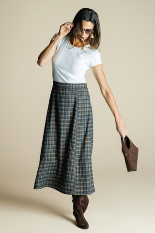 Paloma Skirt in Navy & Brown Brushed Plaid
