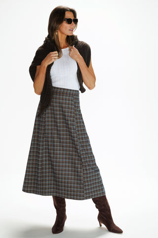 Paloma Skirt in Navy & Brown Brushed Plaid