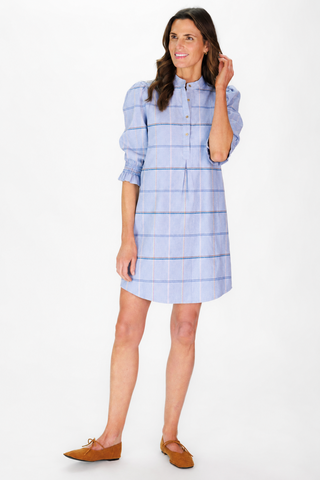 Percy Popover Dress in Sky Blue Windowpane