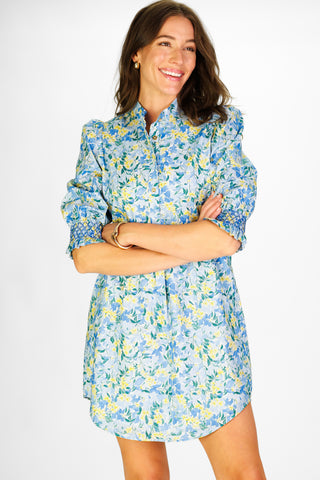 Percy Popover Dress in Blue Watercolor Meadow