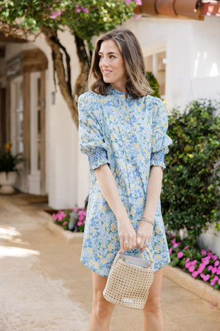 Percy Popover Dress in Blue Watercolor Meadow
