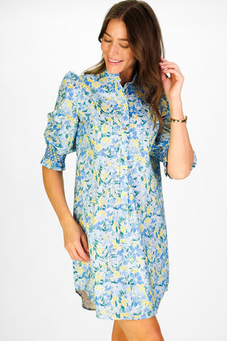 Percy Popover Dress in Blue Watercolor Meadow