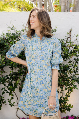 Percy Popover Dress in Blue Watercolor Meadow
