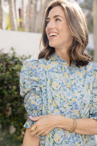 Percy Popover Dress in Blue Watercolor Meadow