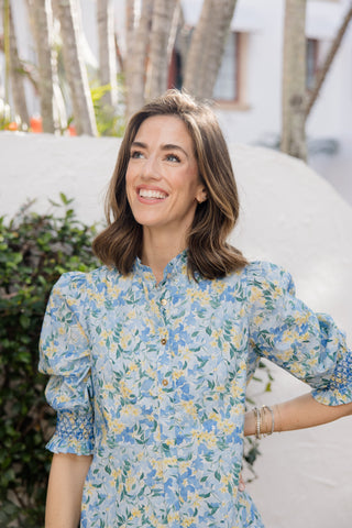 Percy Popover Dress in Blue Watercolor Meadow