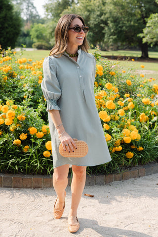 Percy Popover Dress in Green Mini Gingham Seersucker