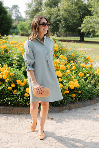 Percy Popover Dress in Green Mini Gingham Seersucker
