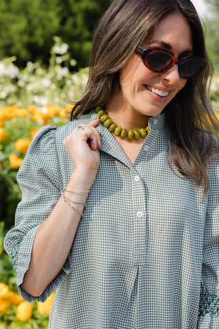Percy Popover Dress in Green Mini Gingham Seersucker