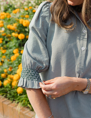 Percy Popover Dress in Green Mini Gingham Seersucker
