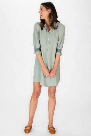 Percy Popover Dress in Green Mini Gingham Seersucker