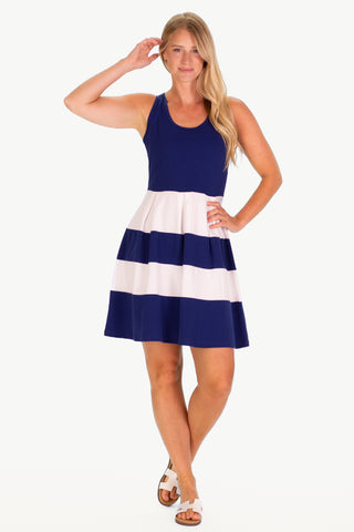 The Pique Ludington Dress in Royal Navy and White