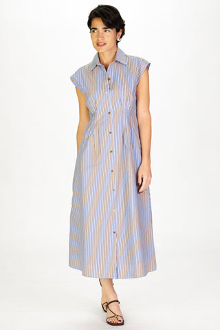 Pleated Callahan Dress in Driftwood Blue Stripe