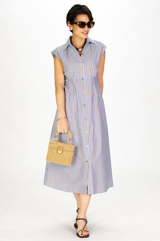Pleated Callahan Dress in Driftwood Blue Stripe