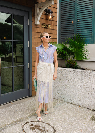 Pleated Callahan Dress in Driftwood Blue Stripe