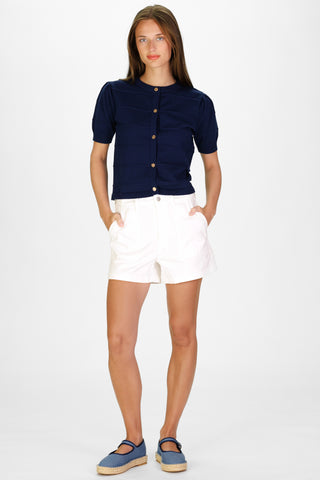 Puff Sleeve Textured Stripe Cardigan in Navy