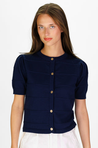 Puff Sleeve Textured Stripe Cardigan in Navy
