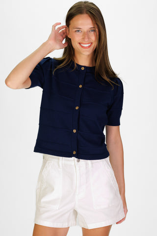 Puff Sleeve Textured Stripe Cardigan in Navy